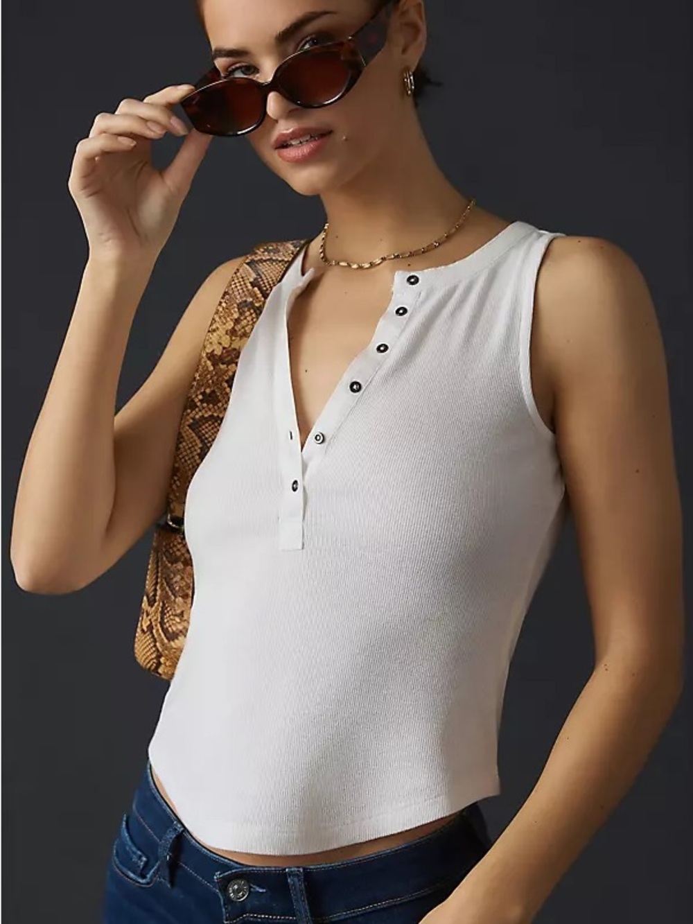 Pilcro Andie Sleeveless Ribbed Henley Tank Top - XXS